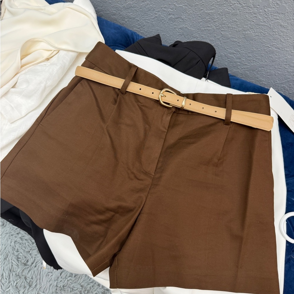 Zara Brown High Waist Shorts with Tan Belt